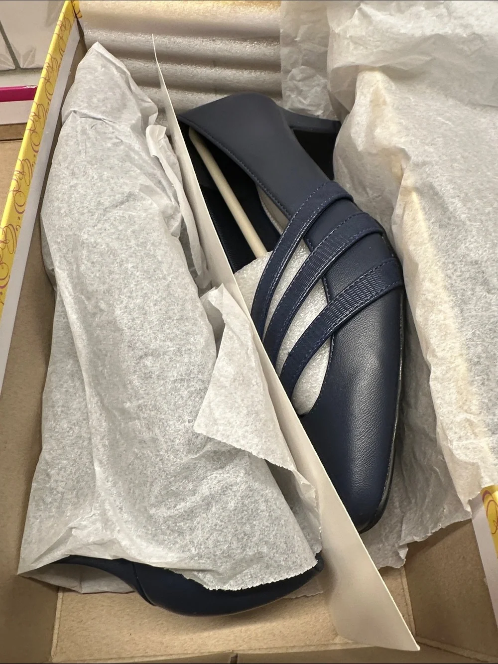 Easy Street Navy Low Block Heel Pumps with Textured Straps 7m Ladies NIB